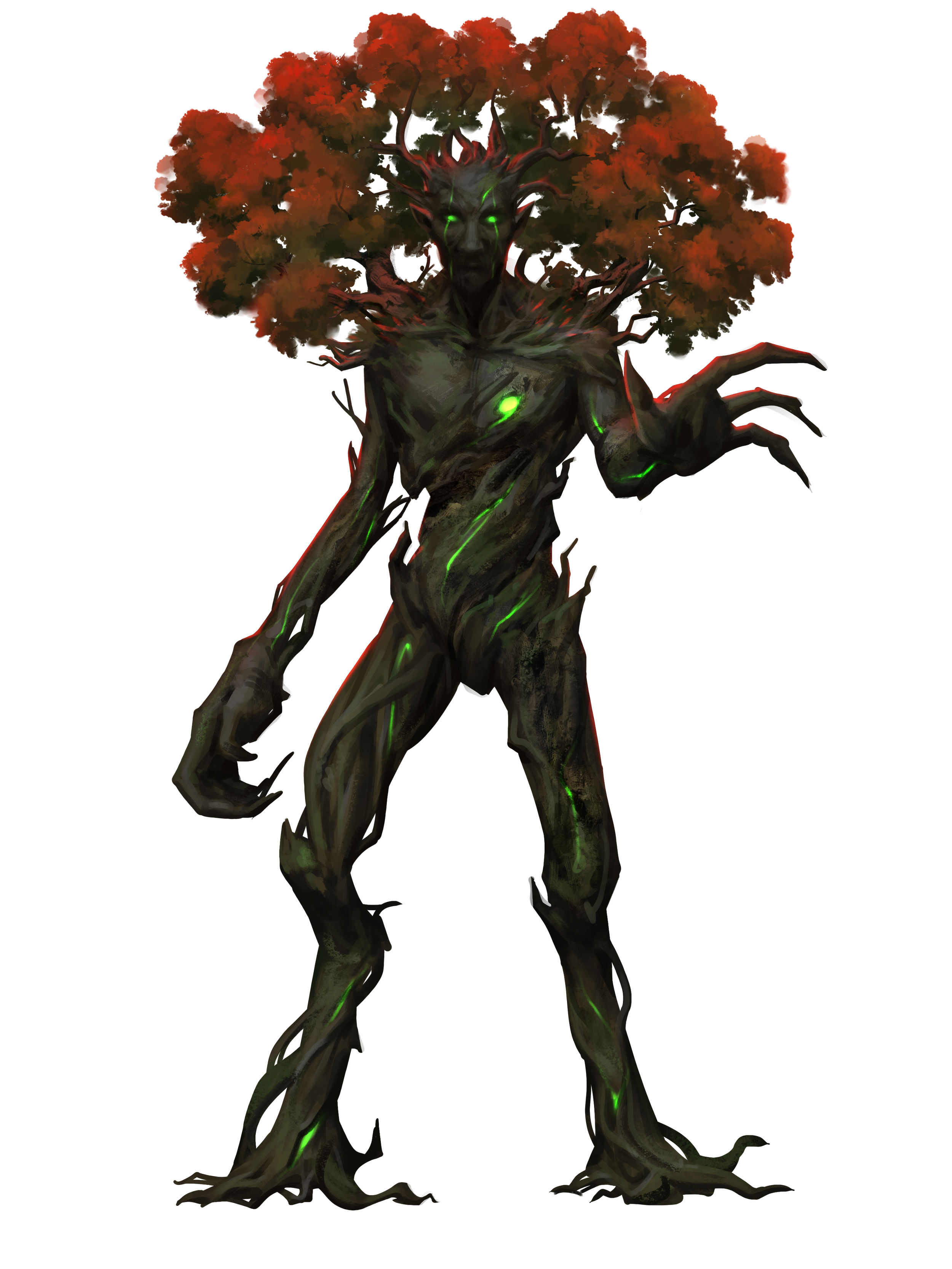 A tall, humanoid tree creature with a face, glowing green eyes, and leaf-like hair, standing with one arm extended, with a dark, bark-like body and orange-red foliage on its head.