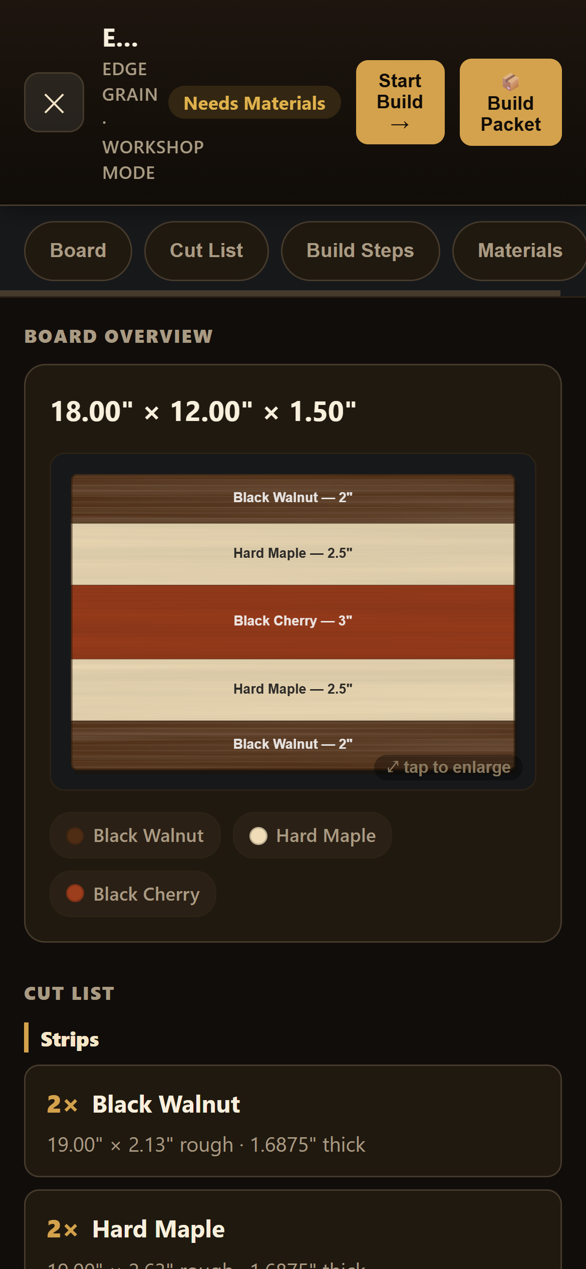 Workshop Mode on a phone showing the board, the cut list, and glue-up steps to check off