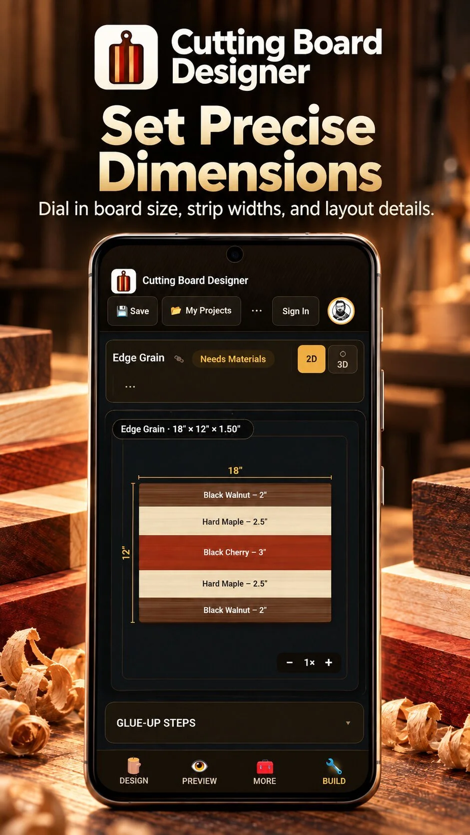 Set precise dimensions: board size, strip widths, and layout details in the 2D editor