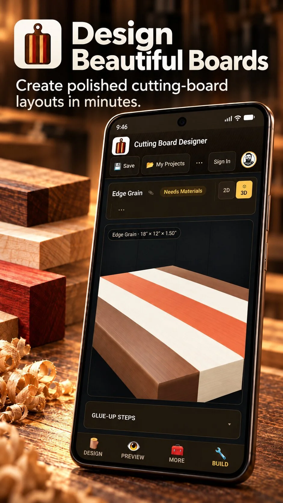 Design beautiful boards: a 3D preview of an edge grain cutting board on an Android phone