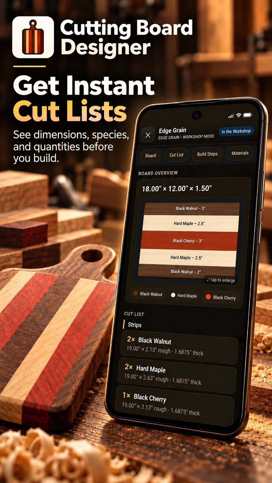 Get instant cut lists: dimensions, species, and quantities before you build