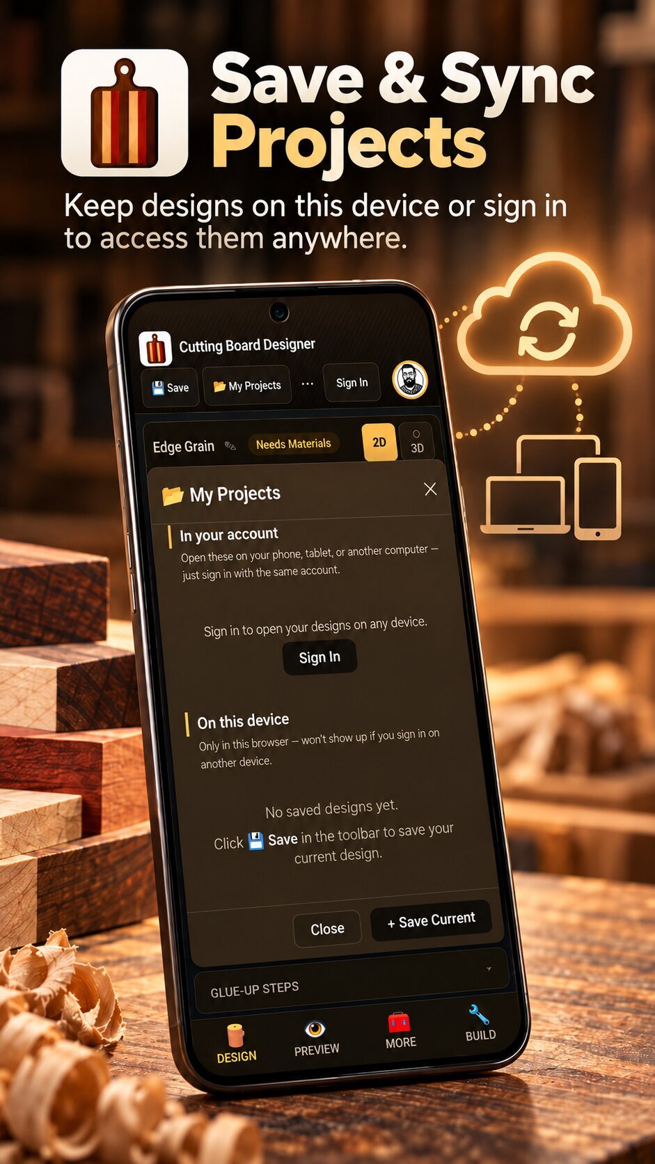 Save and sync projects: keep designs on your device or sign in to access them anywhere