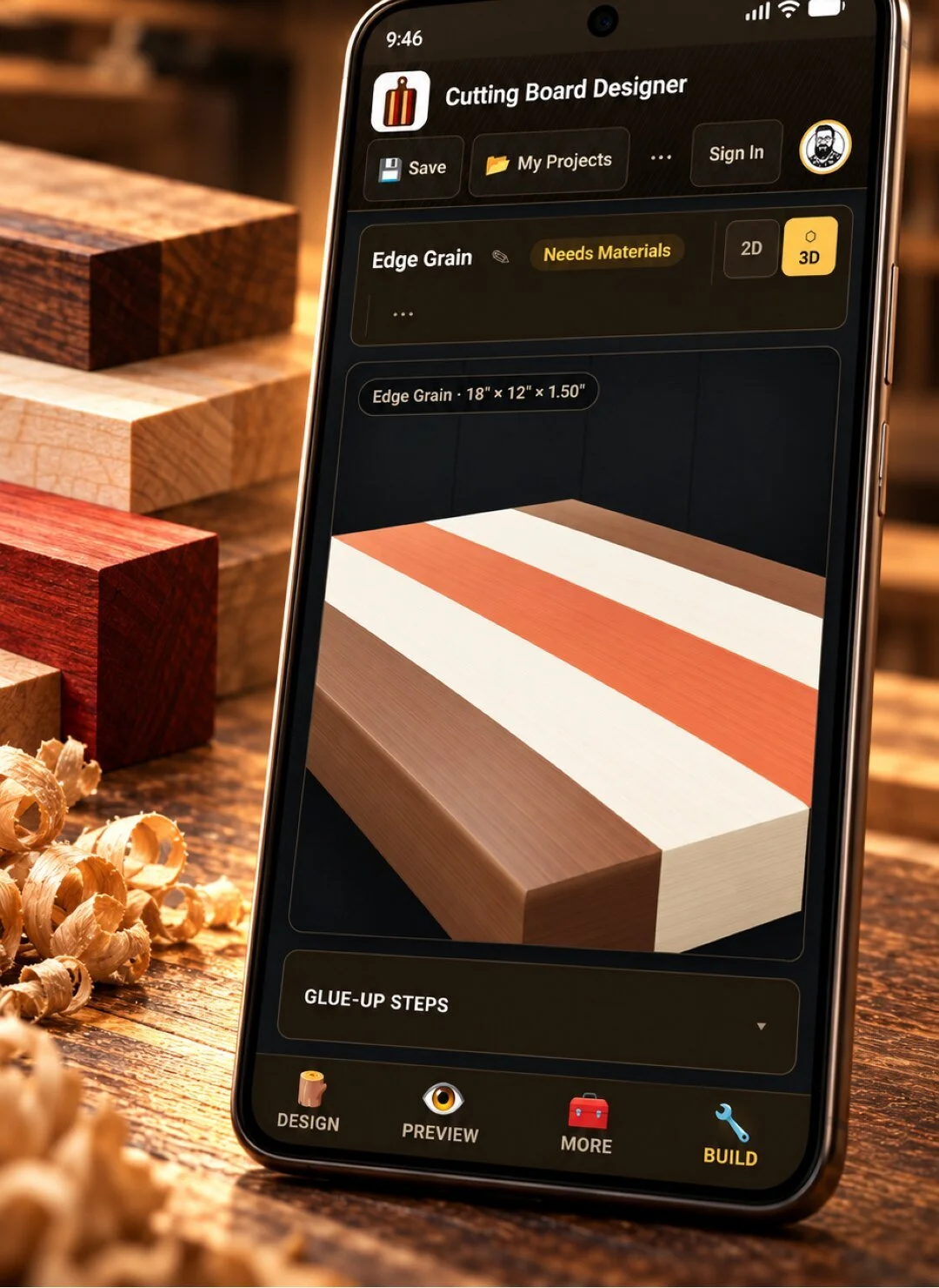 Cutting Board Designer Android app on a phone showing a 3D preview of an edge grain cutting board in walnut, maple, and cherry, resting on a workbench