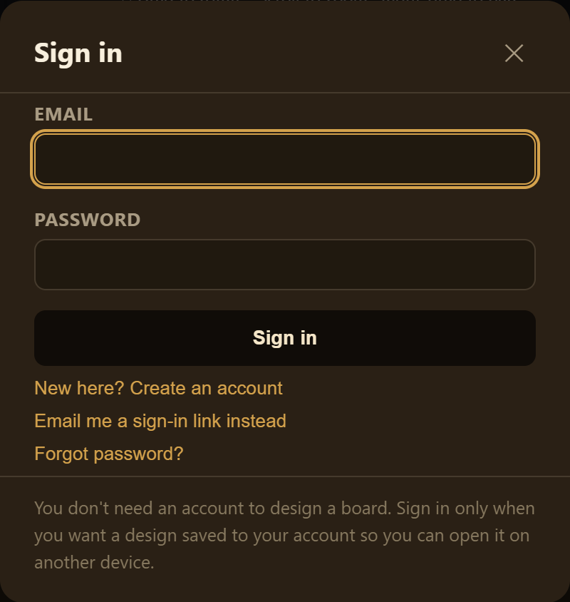 Sign in window with email and password fields and links to create an account, get a sign-in link, or reset a password