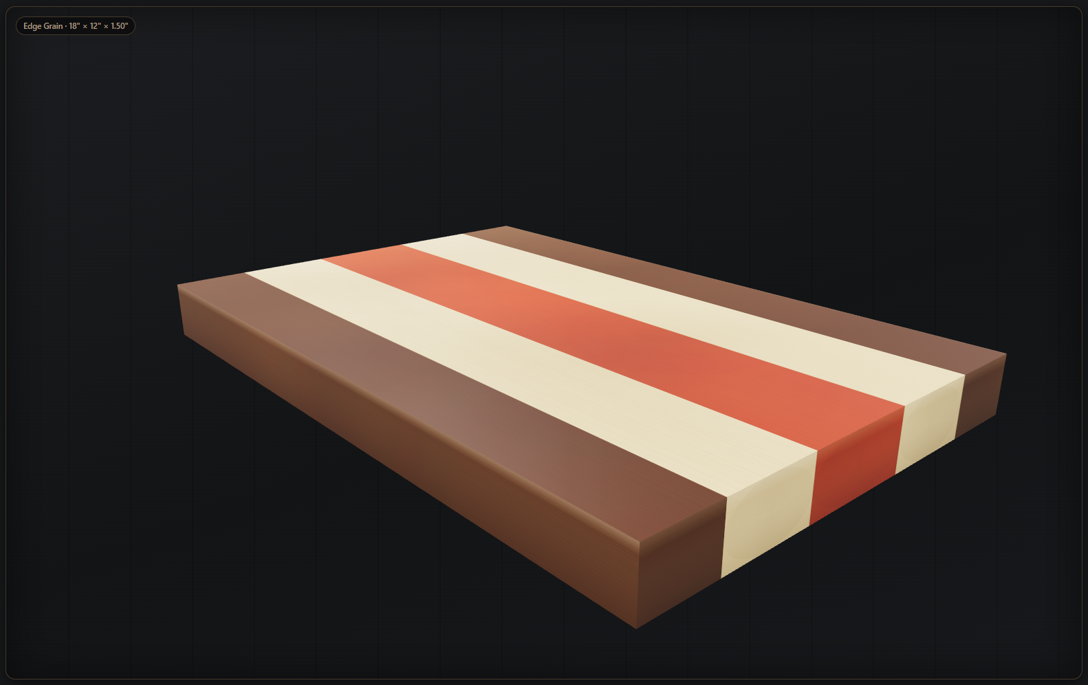 Cutting Board Designer showing a 3D preview of an edge grain board in black walnut, hard maple, and black cherry