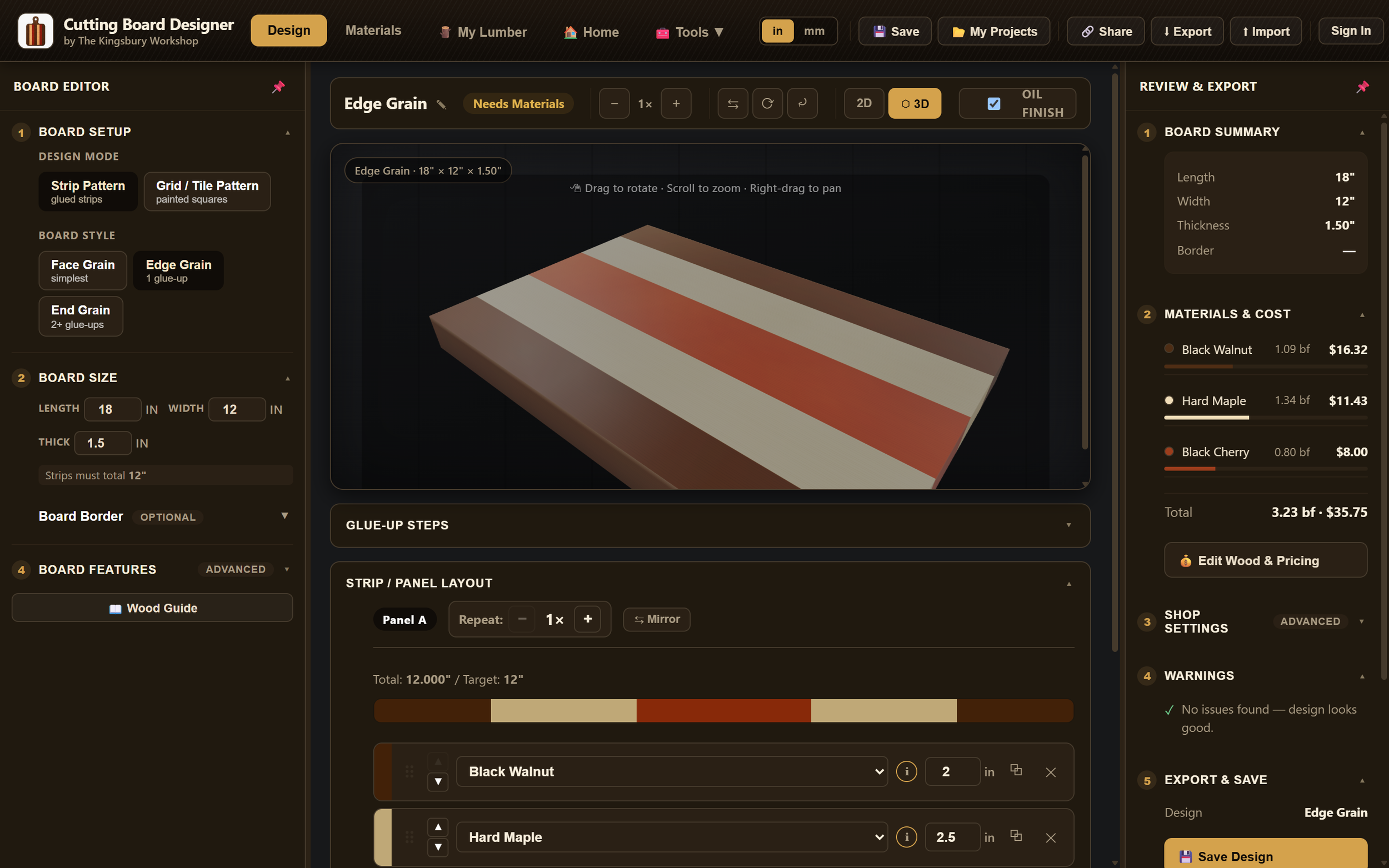 Cutting Board Designer editor showing a 3D preview of an edge grain board, with board setup controls on the left and materials and cost on the right