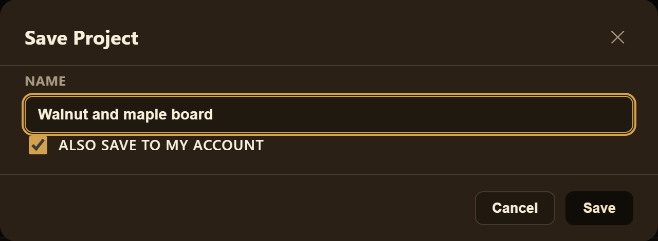 Save Project window with a design name and the Also save to my account option checked