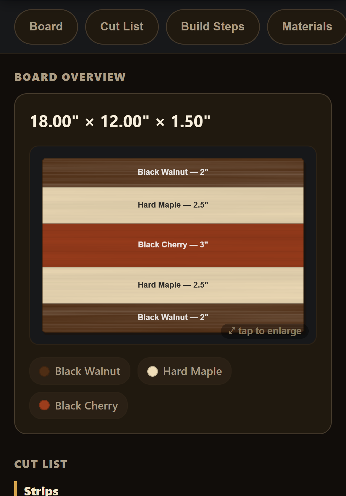 Workshop Mode on a phone showing the Board, Cut List, Build Steps, and Materials buttons and the board overview with each strip's wood and width