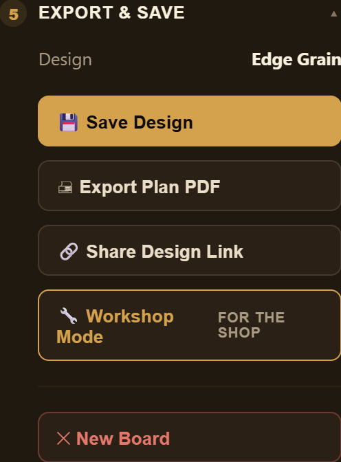 Export & Save panel with Save Design, Export Plan PDF, Share Design Link, and Workshop Mode buttons