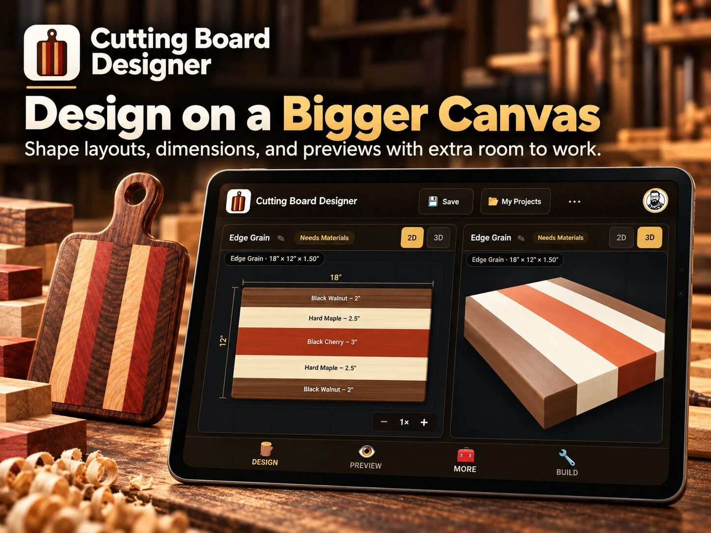 Design on a bigger canvas: 2D layout and 3D preview side by side on an Android tablet