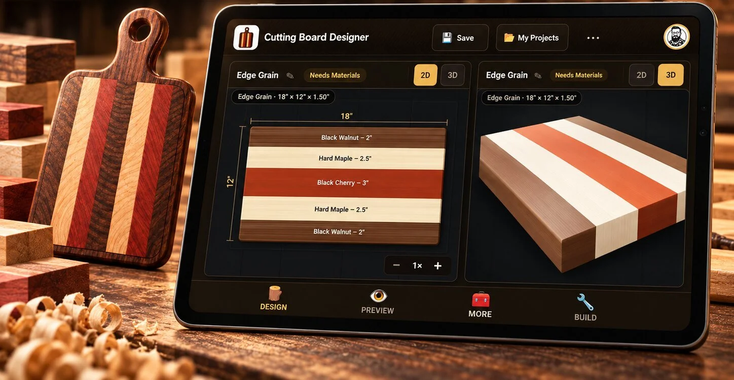 Cutting Board Designer on an Android tablet showing a 2D strip layout and a 3D preview of an edge grain cutting board side by side, next to a finished walnut, maple, and cherry board