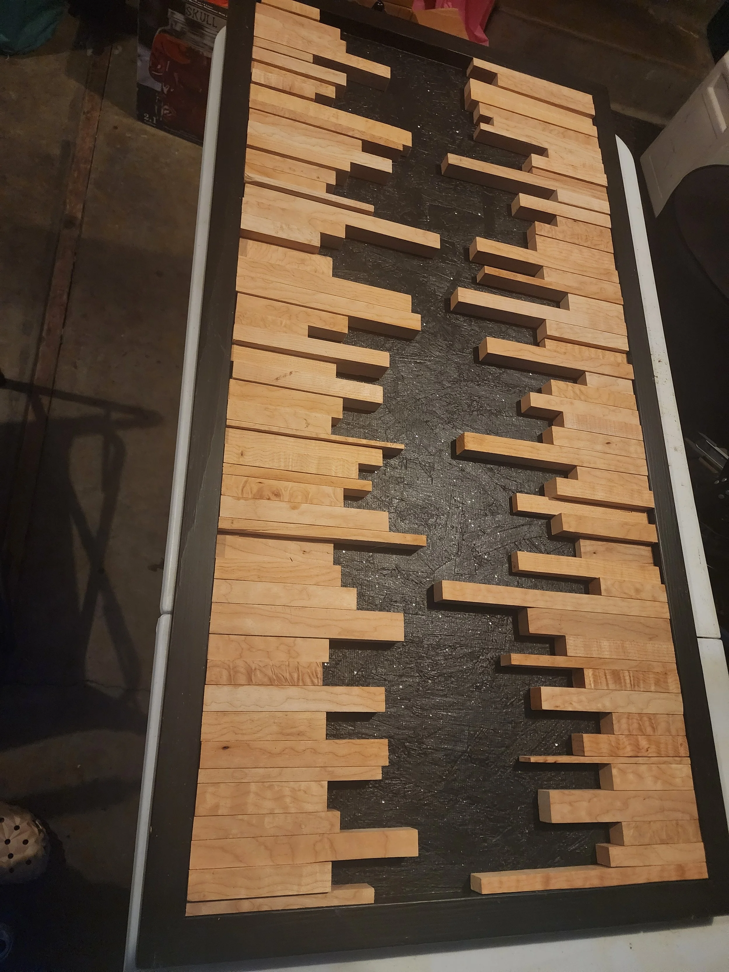 End grain cutting board strips laid out for glue-up in The Kingsbury Workshop
