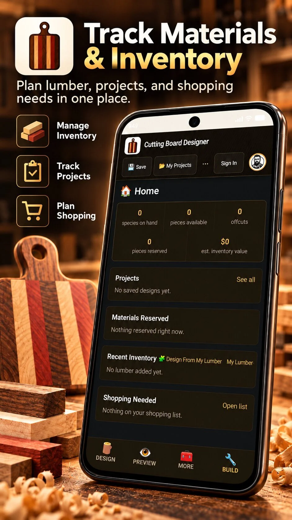 Track materials and inventory: manage lumber, projects, and shopping needs in one place