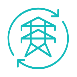 An illustration of electrical power lines inside a circle with arrows indicating distribution or flow.