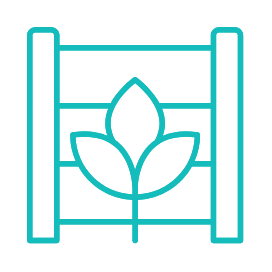 A simple icon of a plant with three leaves in front of a slatted fence.