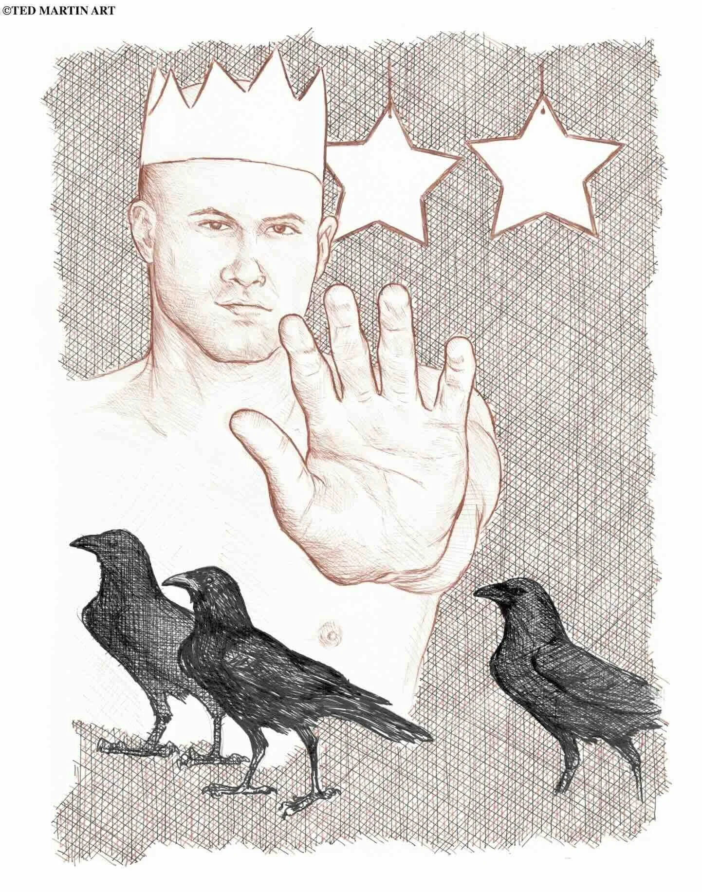 "Crows Crossing" -
Ink Drawing  (Micron Pen) -
11"x14"
"During the almost three years he posed for me, he had several girlfriends.  He would pose alone, even when a girlfriend was present.  When he posed, he held poses well, but he also knew I liked 