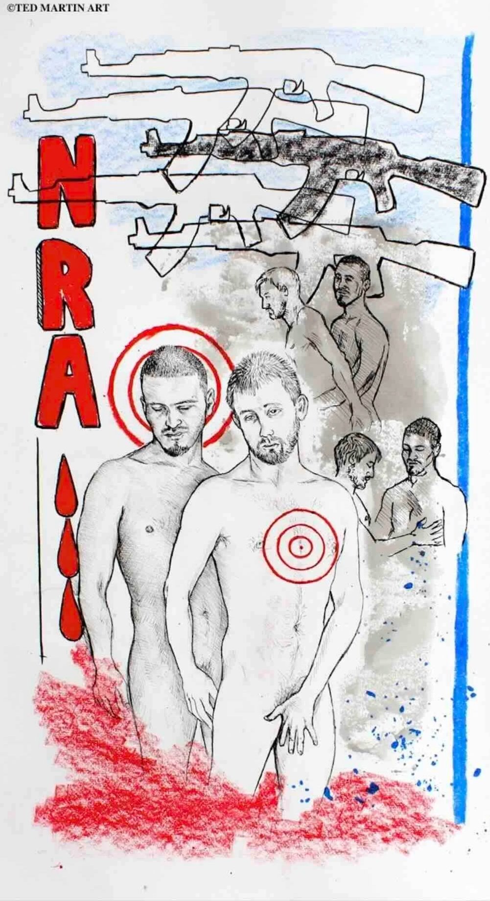 "Guns" -
Ink Drawing (Gel Pen, Calligraphy Ink & Crayola Crayon) -
38″ x 26″
-
"The random and focused mass shootings in this country are a haunting concern. No one is really safe because of the randomness of the attacks, though groups like the gay c
