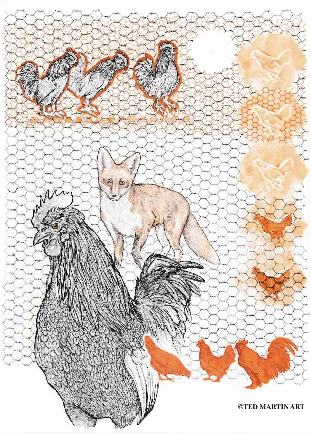 "Fox, Assuming Role of Guard Dog" -
Ink Drawing (Gel Pen & Calligraphy Ink) -
16"x20"