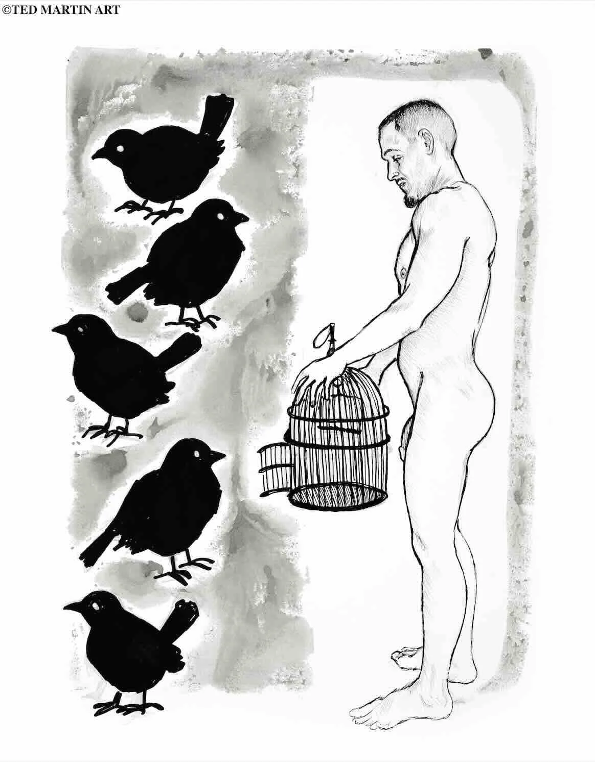 "Birdcage" -
Ink Drawing  (Gel Pen & Calligraphy Ink) -
11"x14"
-
"A friend of mine talked about owning a bird cage with no bird. He just liked the craftsmanship of the object. It intrigued me as I had never considered bird cages in an artistic way. 