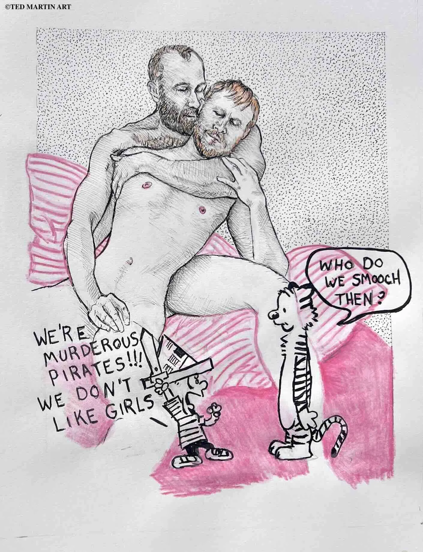 "Who Do We Smooch Then?" -
Ink Drawing (Gel Pen + Crayola Crayon) -
11"x14"
