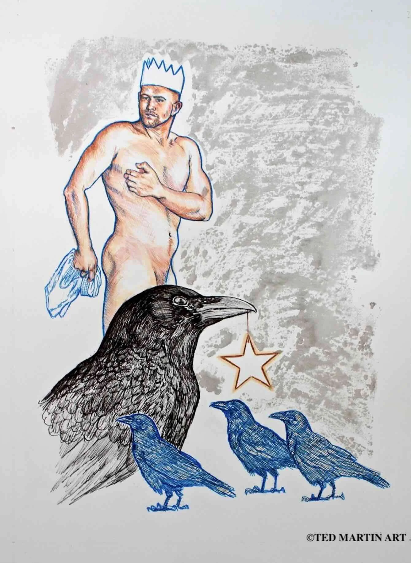 "Crow King" -
Ink Drawing (Gel Pen, Calligraphy Ink & Marker) -
22 1⁄4" x 17 1⁄2 in"