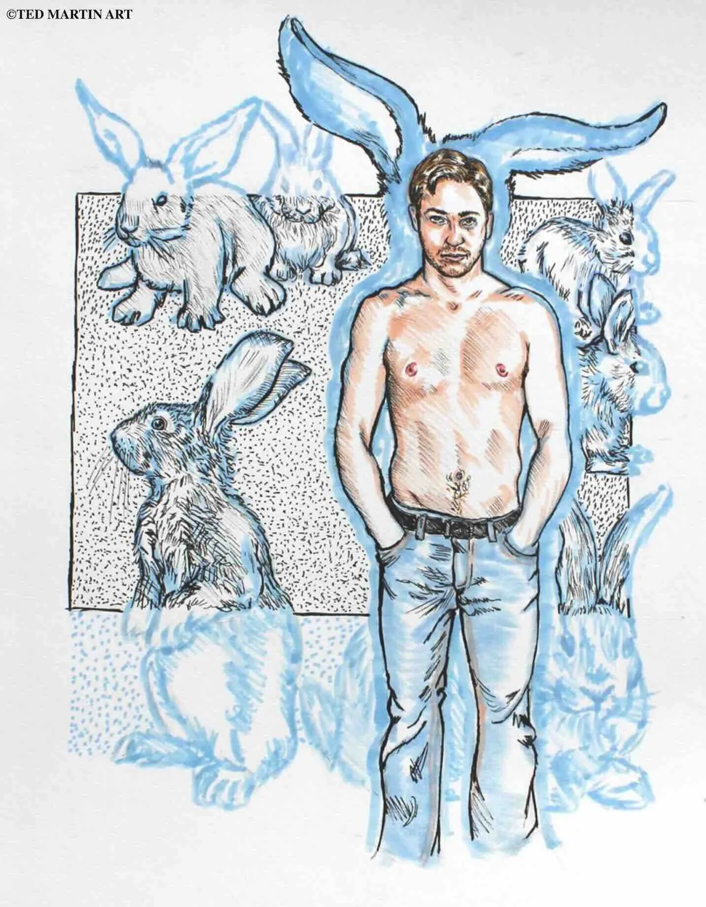 "Bunny Boy" -
Ink Drawing (Gel Pen & Marker) -
11"x14"