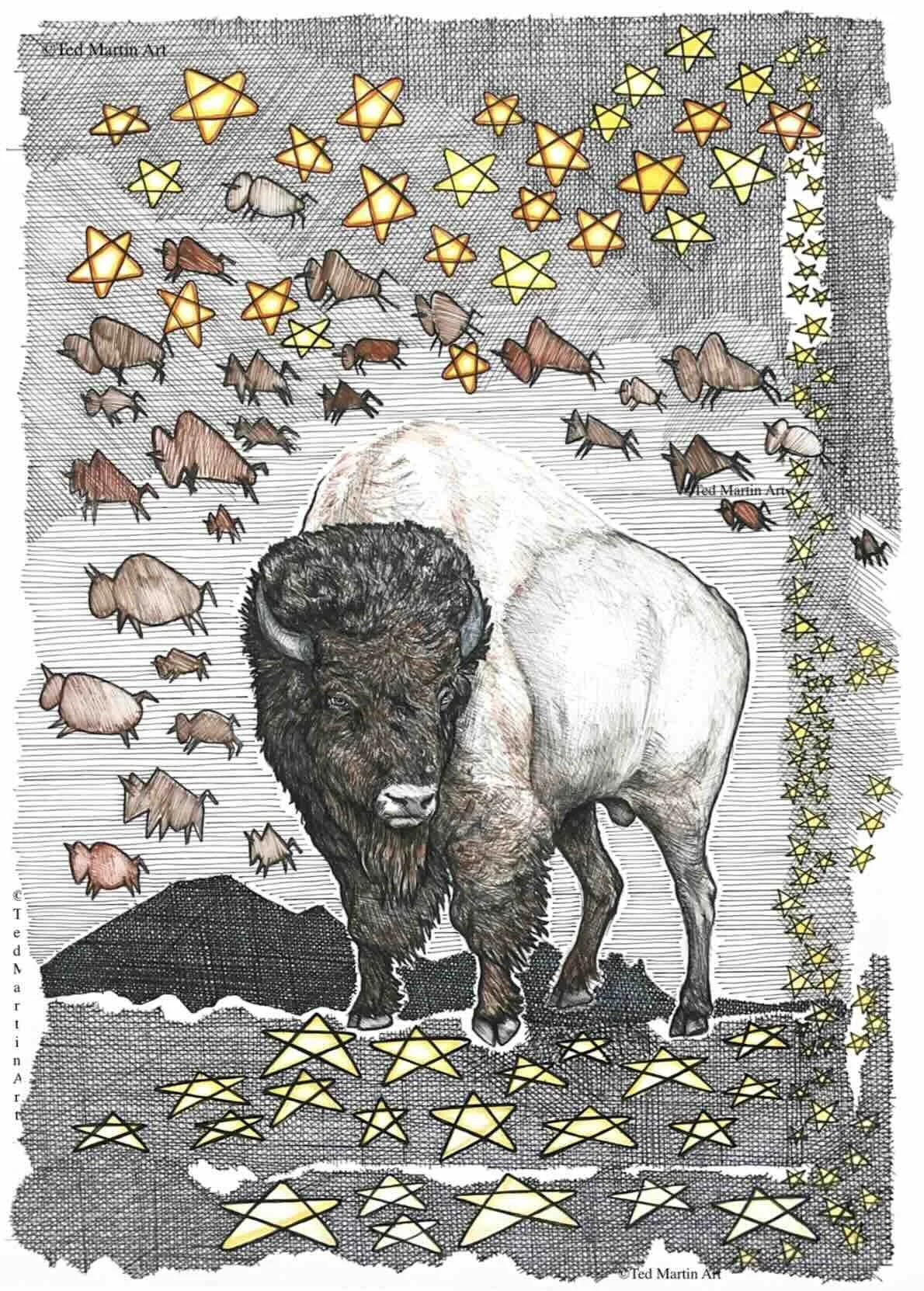 Self-Portrait "Buffalo at Bear Butte" - Ink Drawing