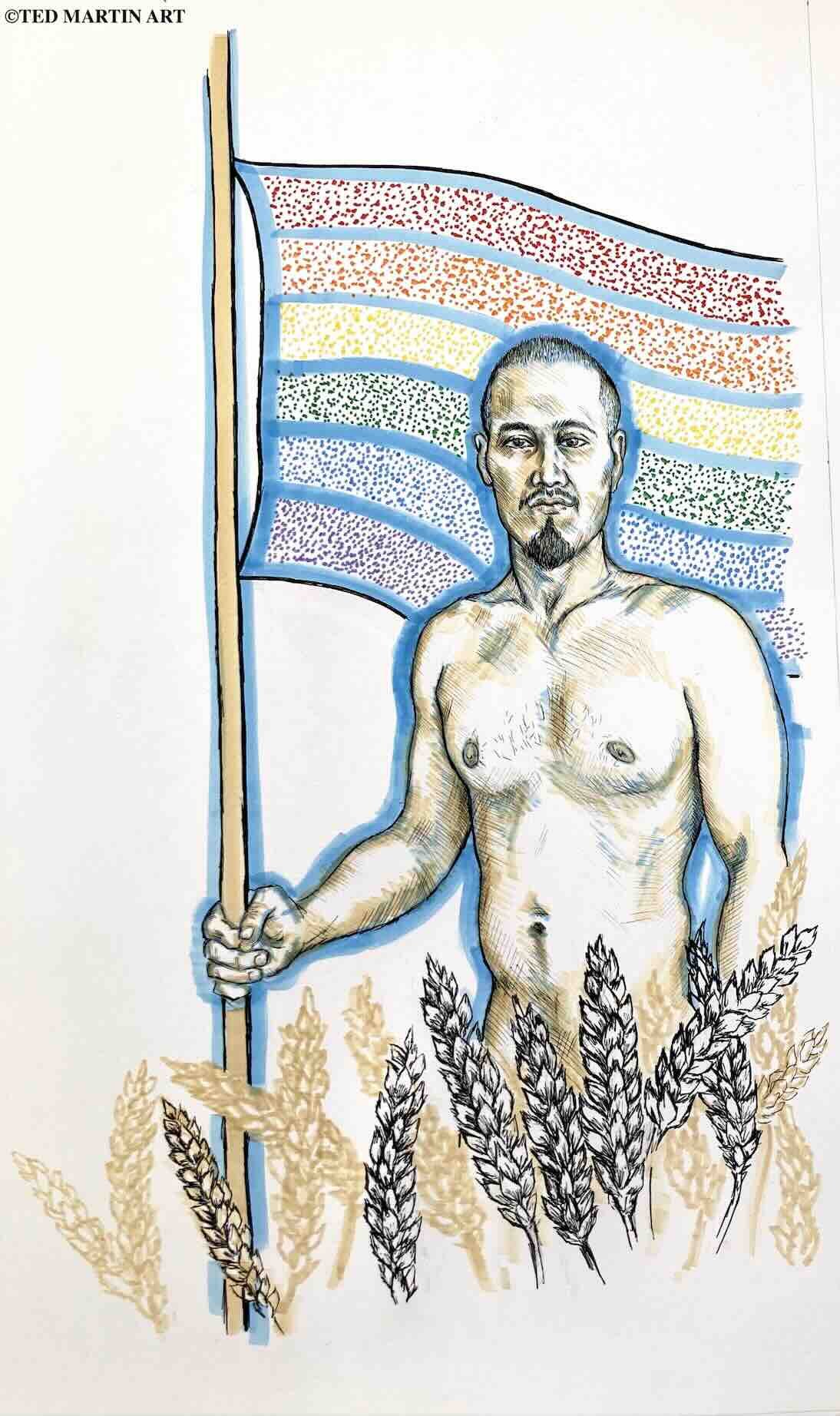 "Claiming The Wheatfields" -
Ink Drawing (Gel Pen & Marker) -
38″ x 26″
-
"Growing up in Western North Dakota on a farm/ranch, the isolation and the culture provided little opportunity for seeing positive gay role models. Developing your identity is 