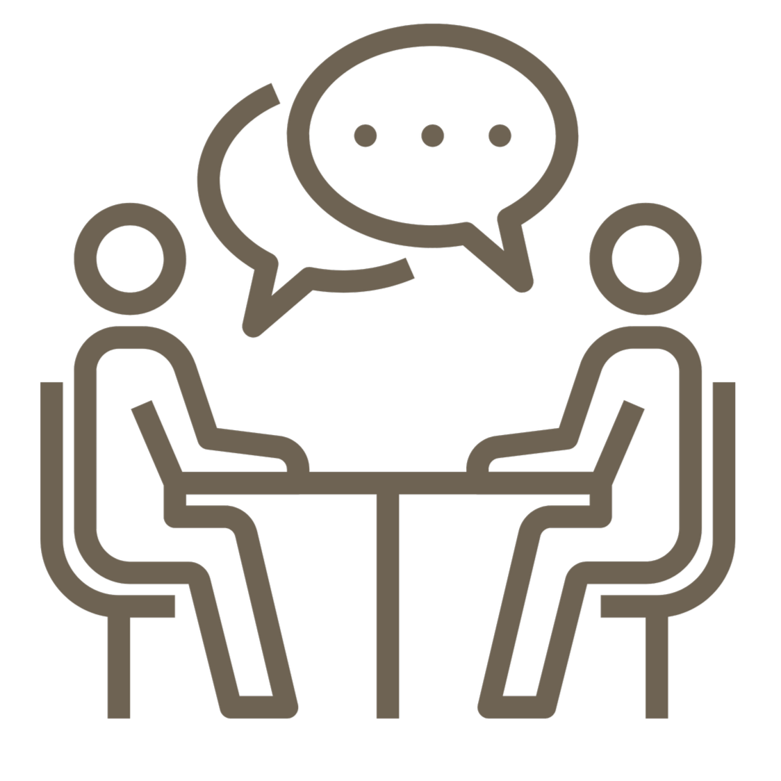 Outline drawing of two people sitting at a table, engaged in conversation with speech bubbles above their heads.