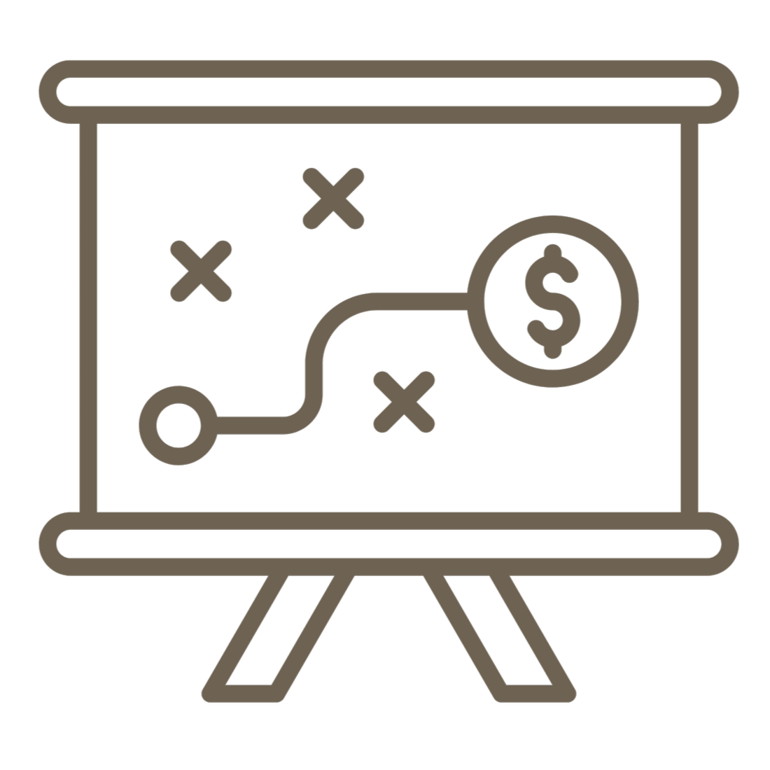 Line drawing of a strategic plan with Xs and a path leading to a dollar sign on a presentation board.