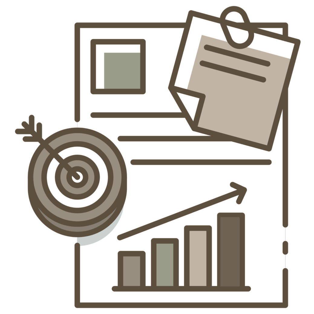 Illustration of a target with an arrow hitting the center, a bar graph showing growth, a calendar or document, and a framed picture, representing goals, progress, and planning.