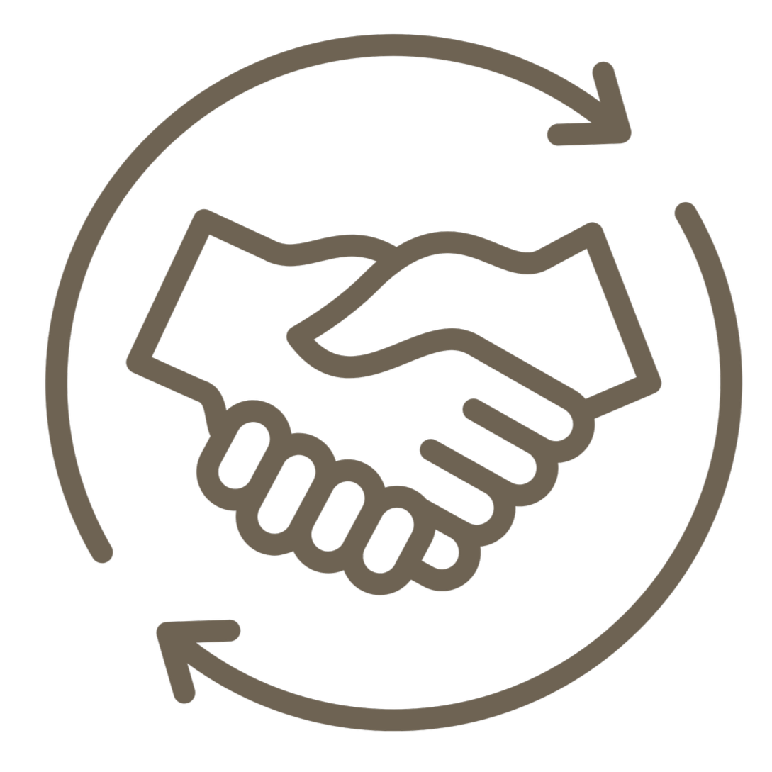 Icon of a handshake within a circular arrow, symbolizing agreement or partnership.