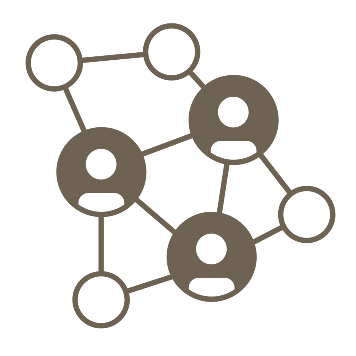 Graphic representation of a molecular structure with interconnected circles and lines, featuring three face icons.