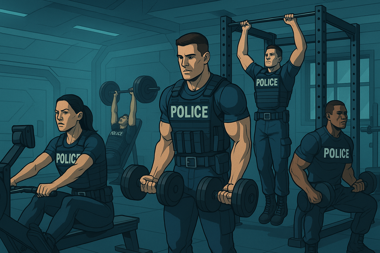 Illustration of five police officers working out in a gym, lifting weights, using a treadmill, and doing pull-ups.