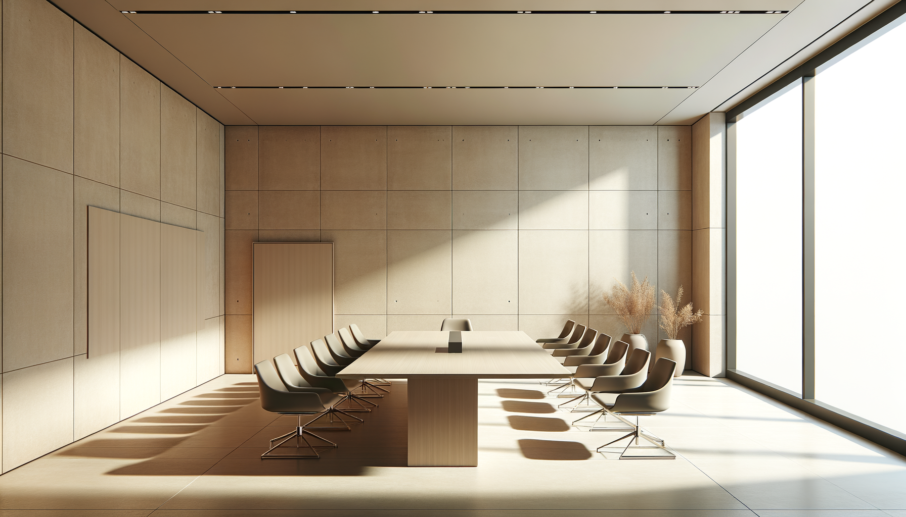 Modern conference room with a long wooden table, black chairs, and large windows letting in natural light. There are two vases with dried plants on the right side.