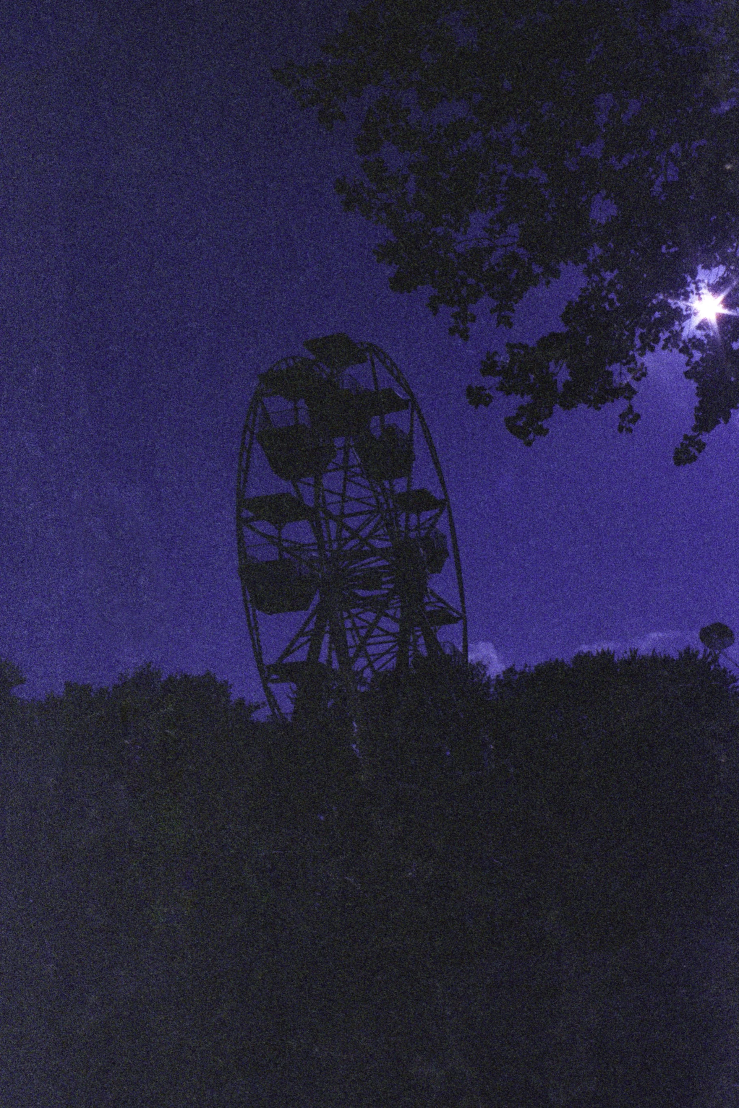 Nighttime scene with a silhouetted Ferris wheel among trees, and the bright moon in the sky.