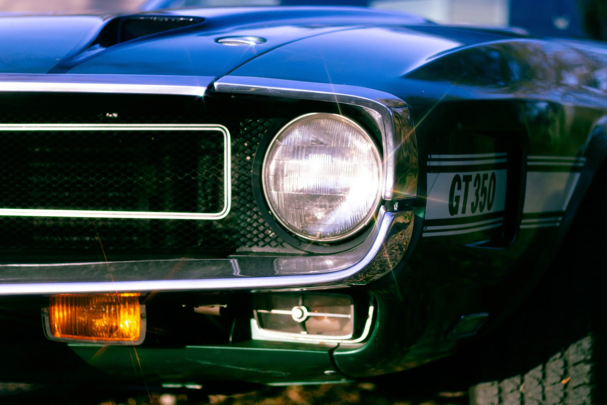 Close-up of a classic black Ford Mustang GT350 with a headlight, orange turn signal, and badge visible.