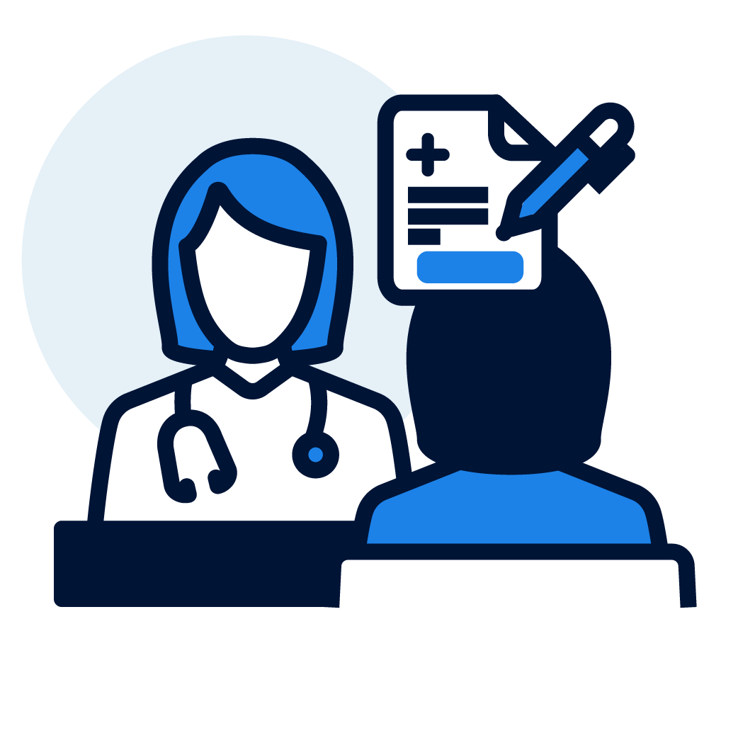 Illustration of a healthcare professional consulting with a patient, with a medical form and pen in the foreground.