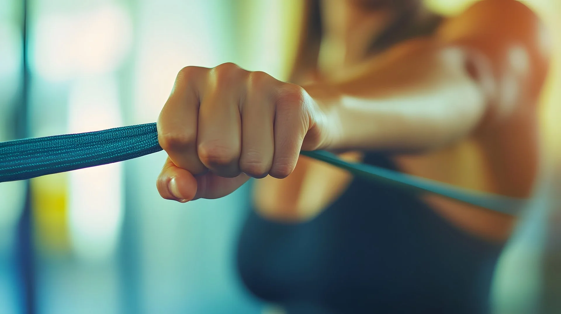Close-up of a woman's hand gripping a blue resistance band during exercise, with a blurred background.