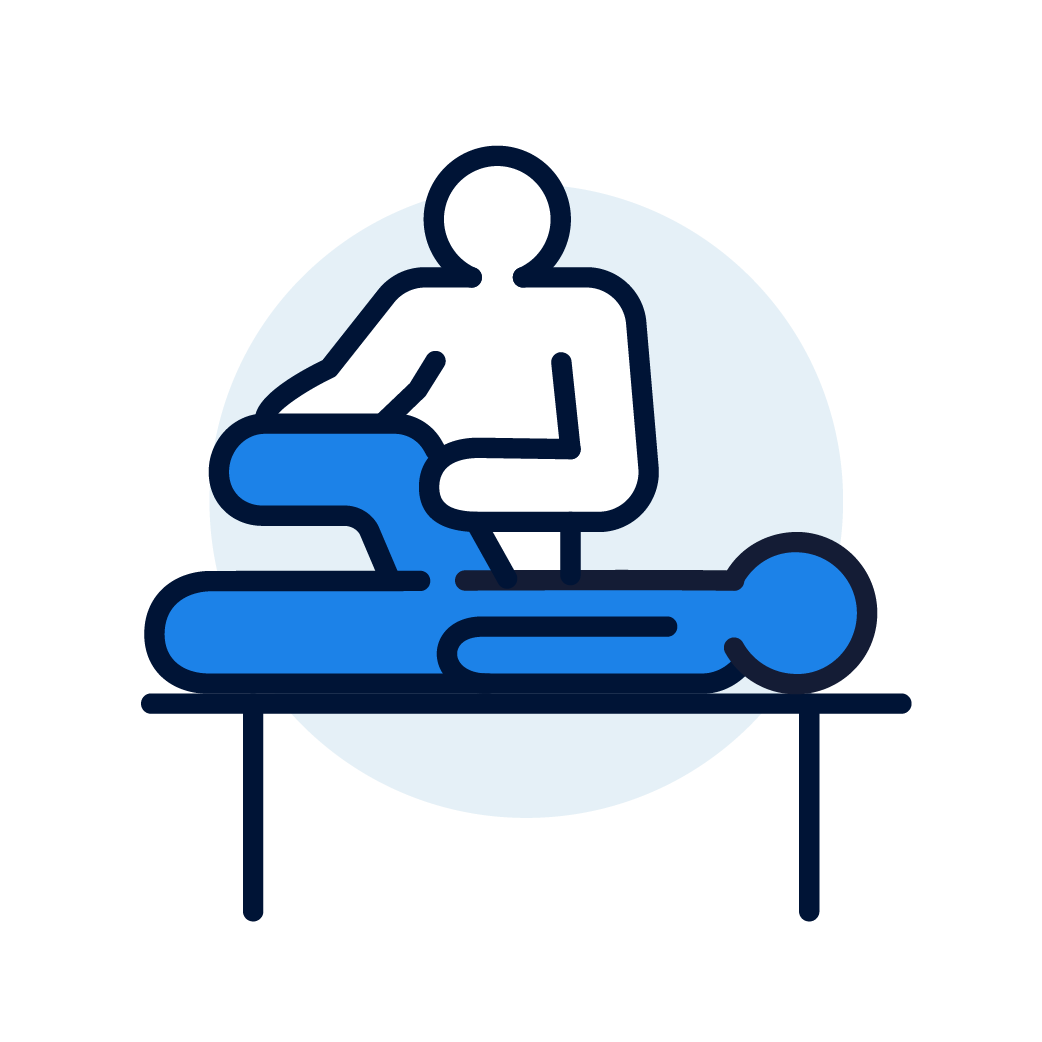 Icon of a person giving a massage to a client lying on a massage table.