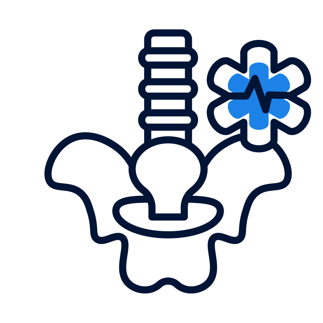 Medical symbol with a bone or spinal vertebra, a light bulb, and a blue star with a medical cross and heartbeat line.