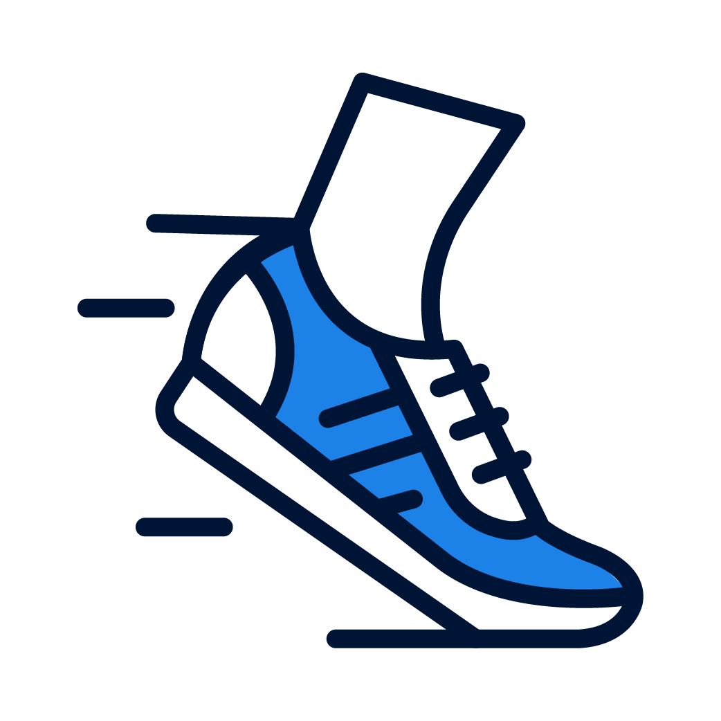 Illustration of a blue athletic shoe with a white sock, motion lines indicating movement or running.
