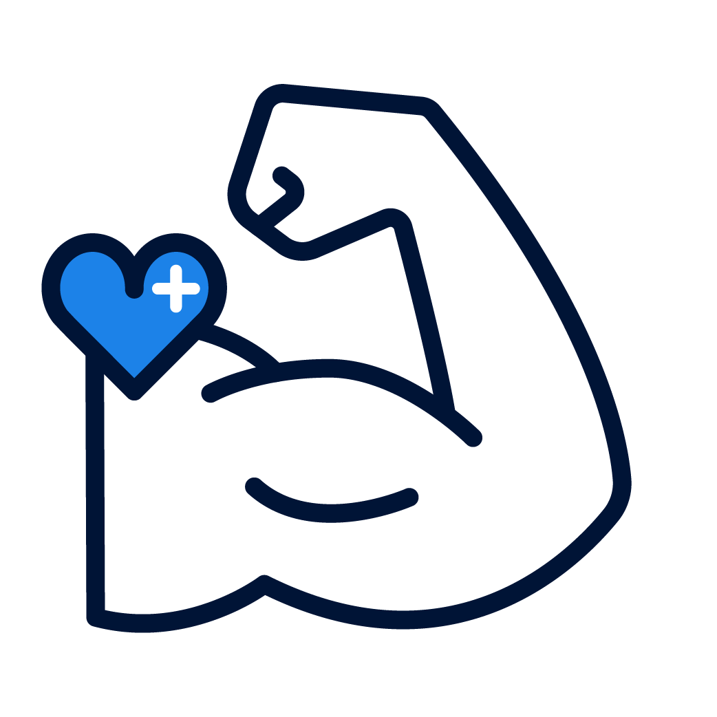 Icon of a muscular arm flexing with a small heart symbol and a plus sign near the bicep.