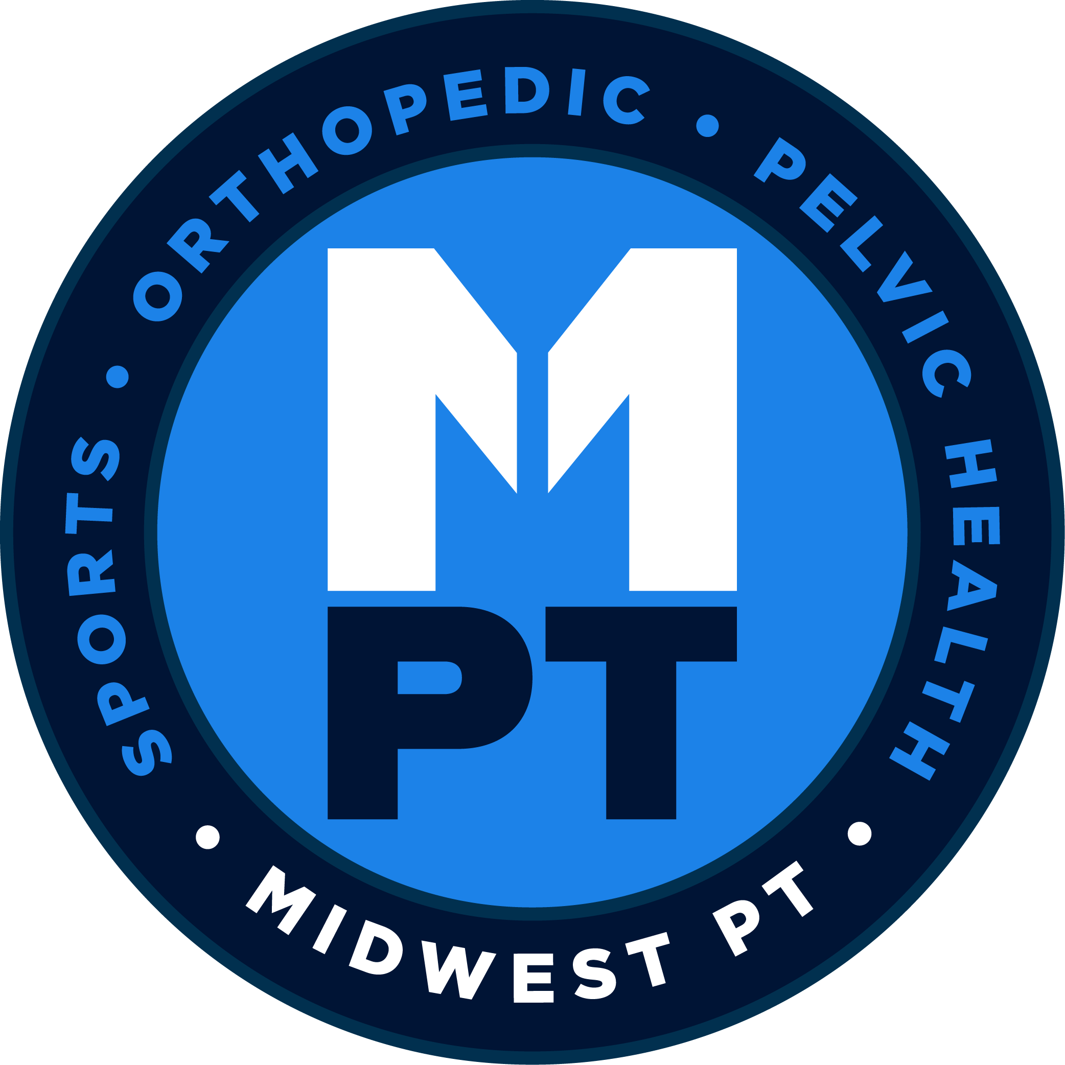 A circular logo for Midwest PT with a blue background, featuring large white and black text 'M' and 'PT' in the center, and the outer text 'Supportive Orthopedic Pelvic Health' around the circle.