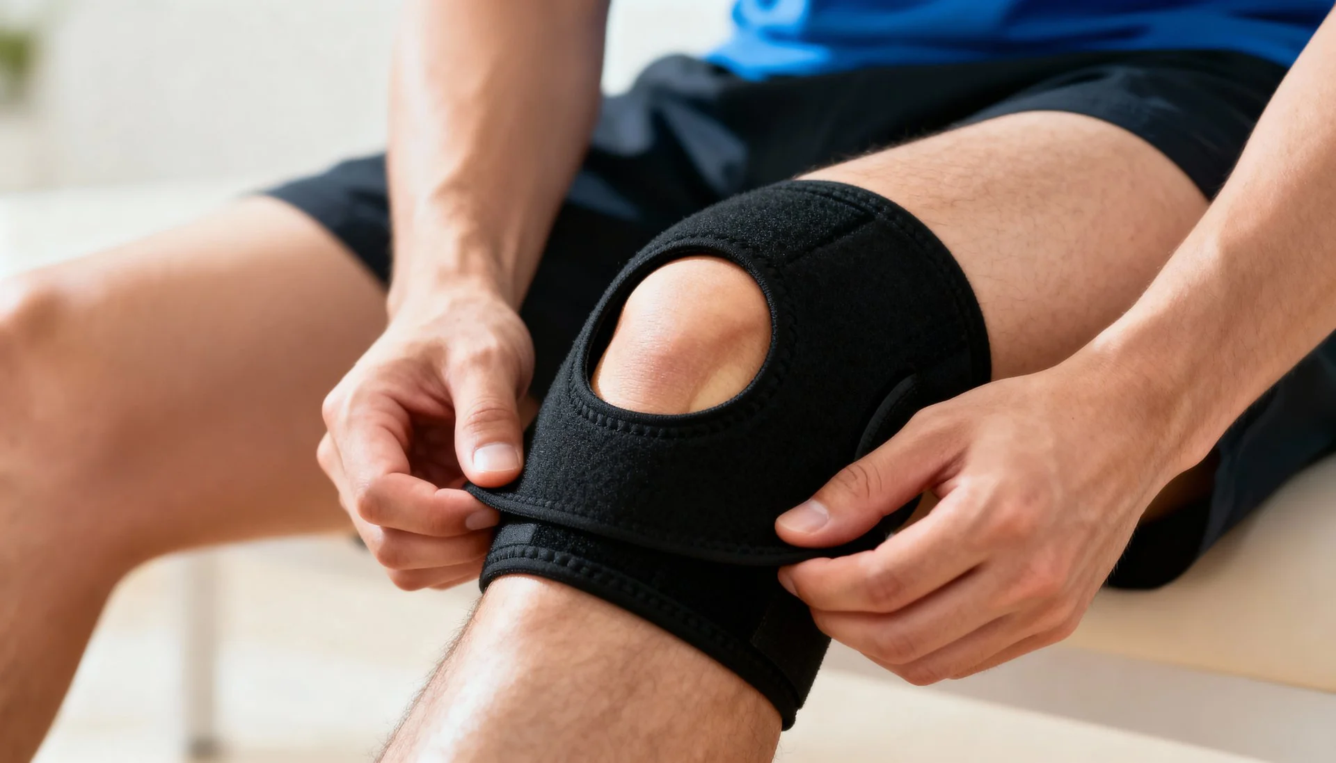 Person placing a black knee brace on their knee.
