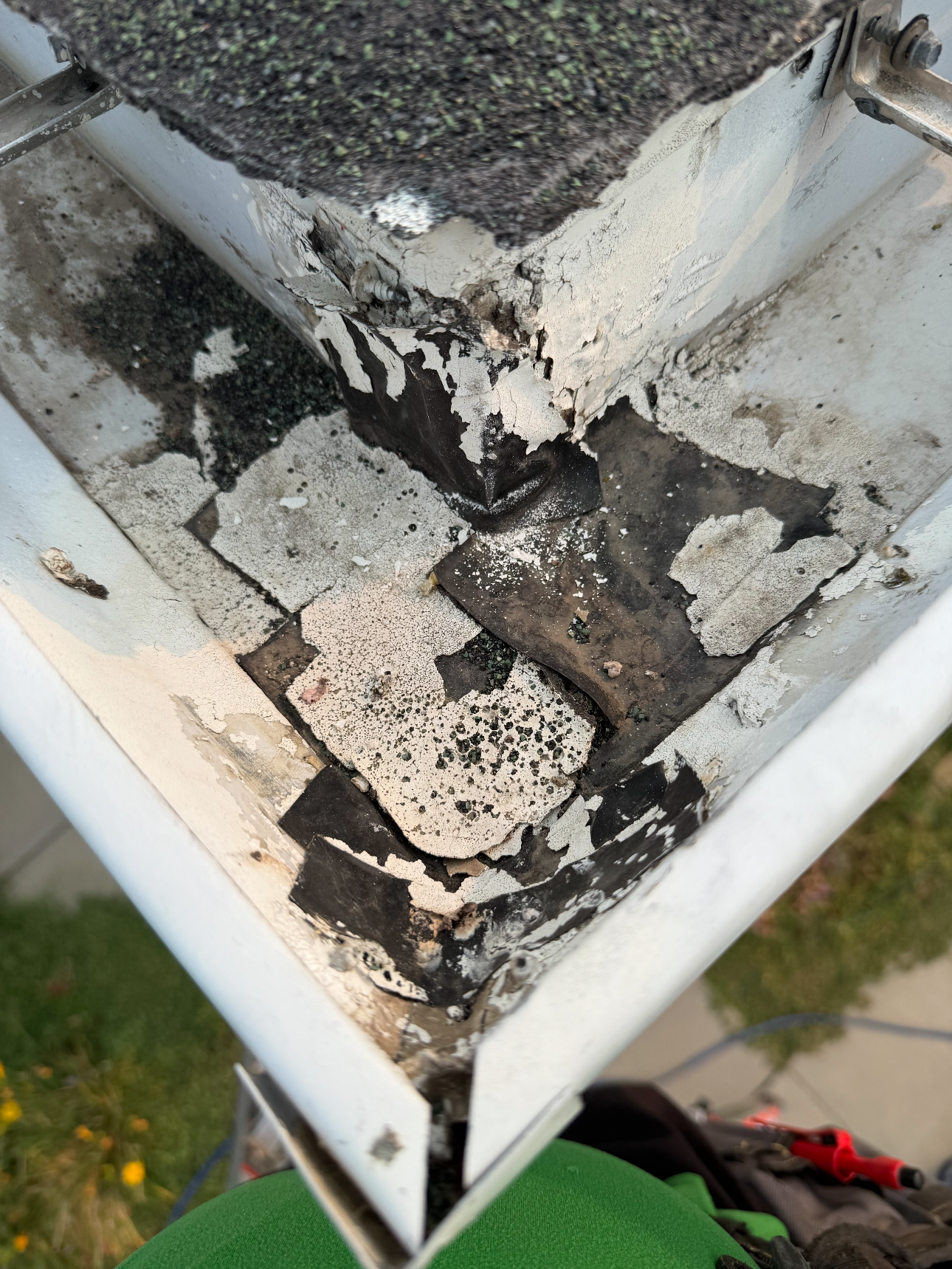 Close-up of damaged, peeling paint and corrosion inside a metal electrical or utility box.