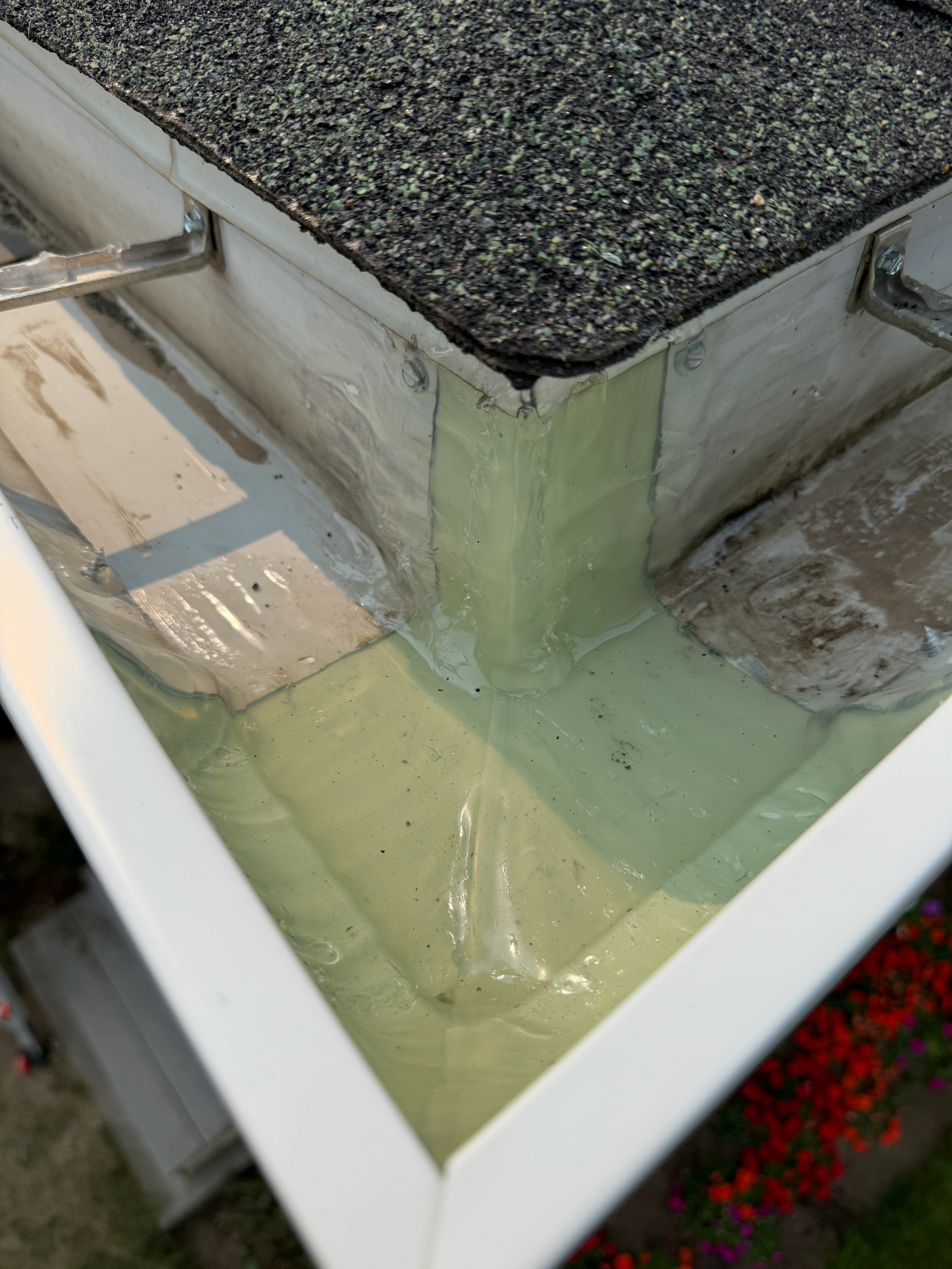 Close-up of a corner of a washing machine with water leaking inside, showing greenish liquid and parts of metal and plastic.
