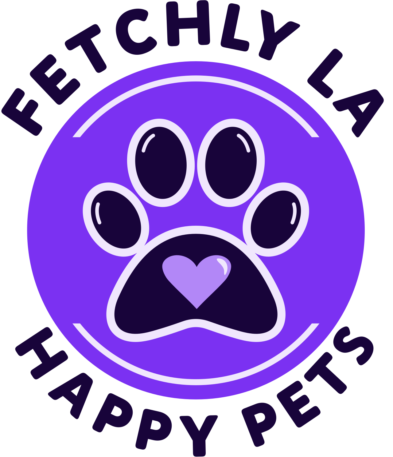 Purple circular logo with a dog paw print and a small heart shape in the middle, with the text "FETCHLY LA" above and "HAPPY PETS" below.