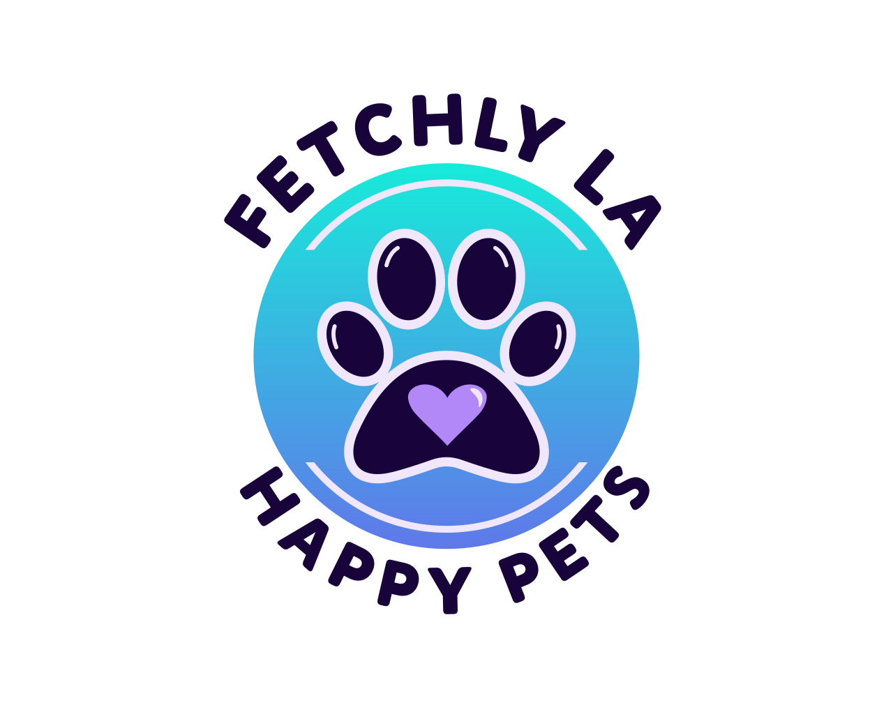 Logo for 'Fetichly La Happy Pets' featuring a paw print with a purple heart in the center, surrounded by the text 'FETICHLY LA' on top and 'HAPPY PETS' on the bottom, on a black background.