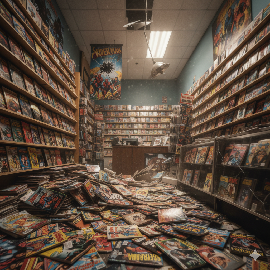 A comic book store with tall wooden shelves filled with comic books, some shelves are slightly off-center or tilted, and many comic books are scattered on the floor. A large Spider-Man poster hangs from the ceiling, and a broken ceiling fan is visible.